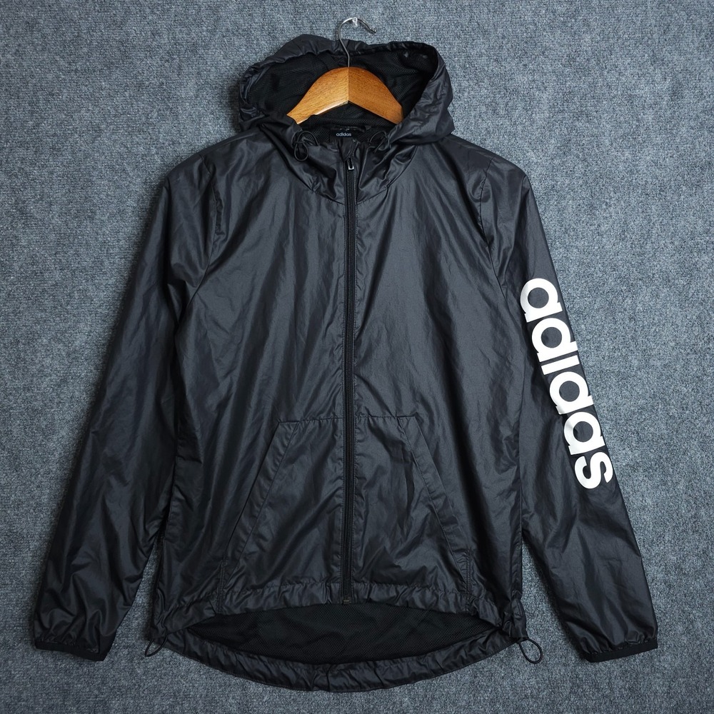 Adidas Linear Logo Windbreaker Jacket Womens XS Black Hooded Full Zip Running - Picture 2 of 10